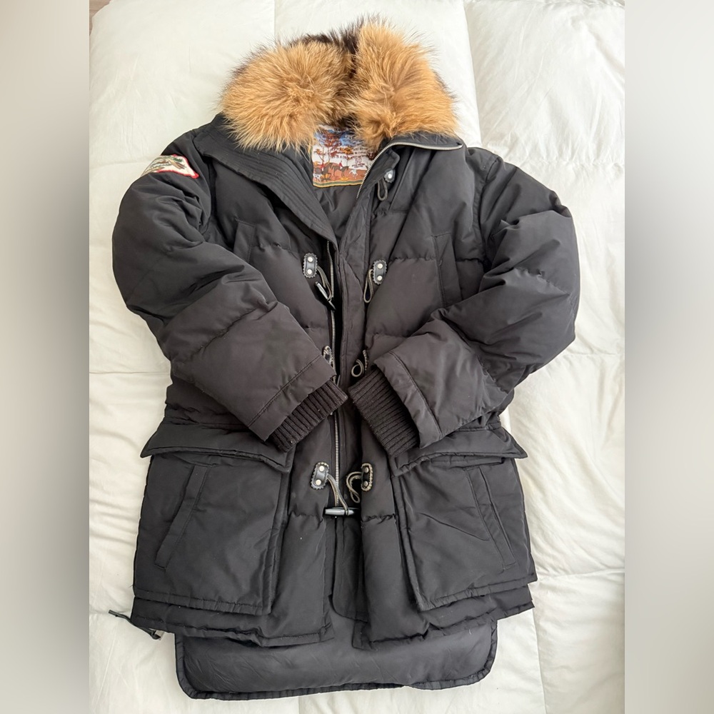 DSQUARED2 Black Jacket with Tan Fur and Graphic Lining